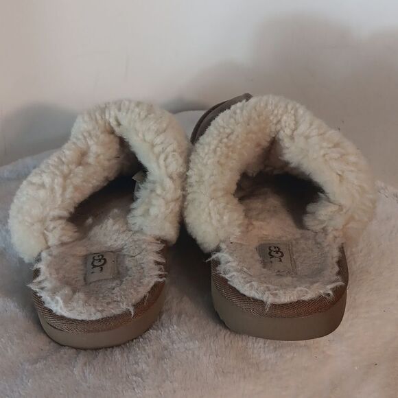 UGG Tan Suede Slippers with Cream Shearling - Picture 3 of 5